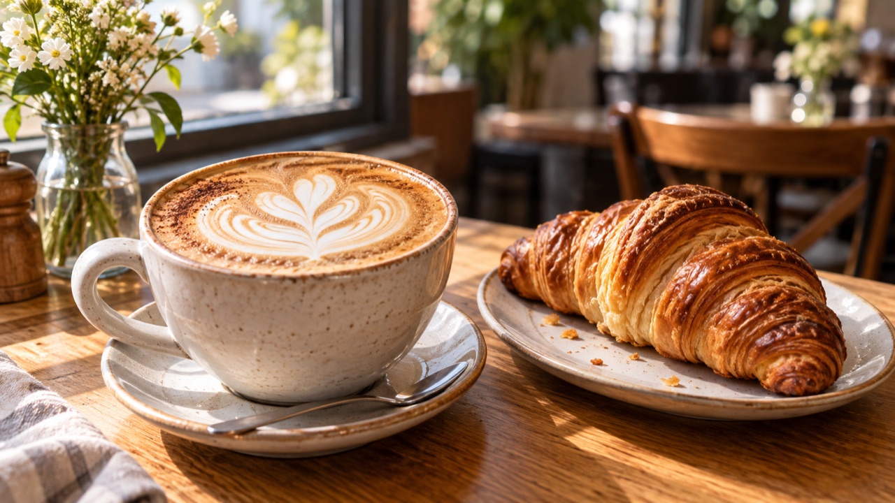 Koffie en een croissant in een koffiebar